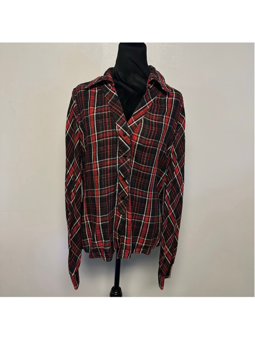 Russell Kemp New York Plaid Button Down Shirt Womens Large Red Black 100% Cotton